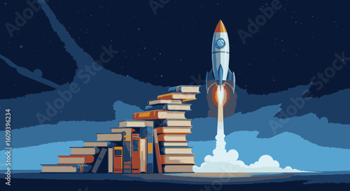 A rocket launches into the starry night sky from a staircase made of stacked books, a metaphor for knowledge and success.