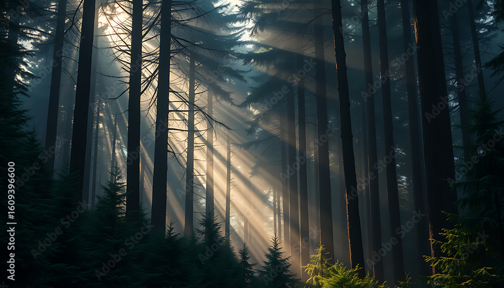 Obraz premium Dense evergreen forest with golden sunbeams shining through morning mist. Natural symmetry and magical fairytale atmosphere ideal for nature, fantasy, and serene landscape themes.