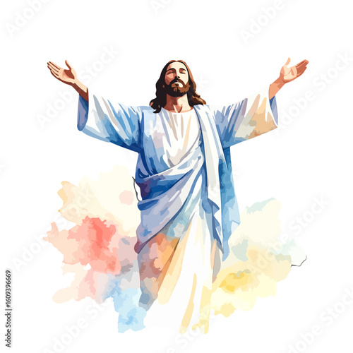 Risen Jesus Christ with open arms, a watercolor illustration with abstract color splashes.
