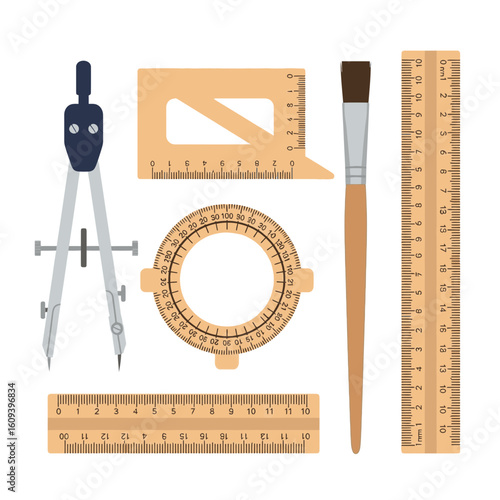 An illustrated set of geometry and art supplies including wooden rulers, a protractor, a compass, and a paintbrush.