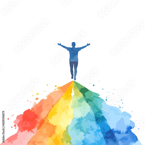 Silhouette of a Person with Arms Outstretched on a Watercolor Rainbow