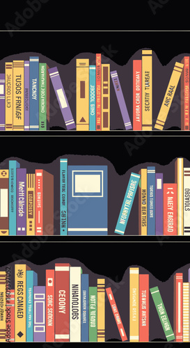 A stylized illustration of three dark, wavy bookshelves packed with colorful books, representing a library or personal collection.