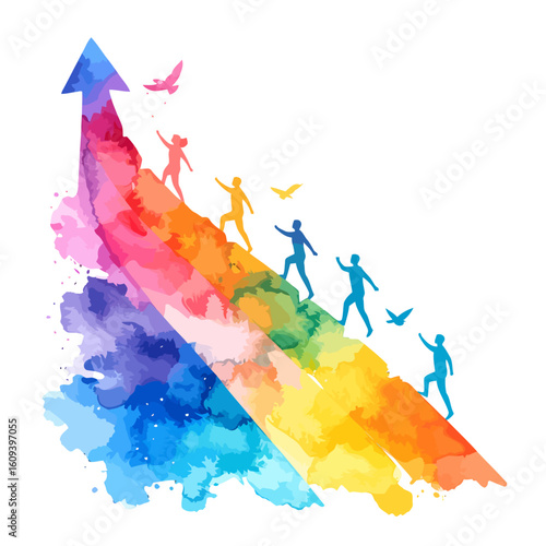 Colorful Watercolor Arrow with Silhouetted Figures Climbing Upward