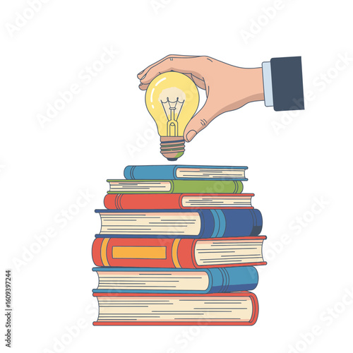 A hand places a glowing lightbulb, symbolizing a new idea, on top of a colorful stack of books.