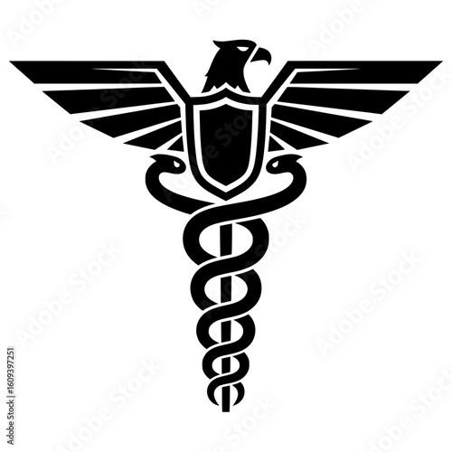 An elegant black vector illustration featuring a powerful combination of a mighty eagle with outstretched wings and the iconic caduceus staff.