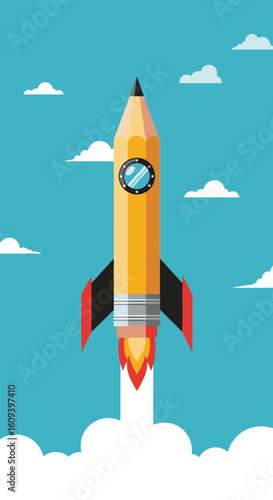 A creative yellow pencil rocket ship blasts off into a blue sky, symbolizing a launch of ideas and innovation.