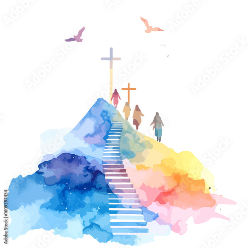 Three Figures Ascending Colorful Hill Towards Crosses