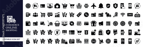 E-commerce and Online Shopping Icon Set – Digital Store, Cart, Payment, Delivery, Mobile Commerce, Product, Sale, Transaction, Checkout, and Retail Business Vector Illustrations