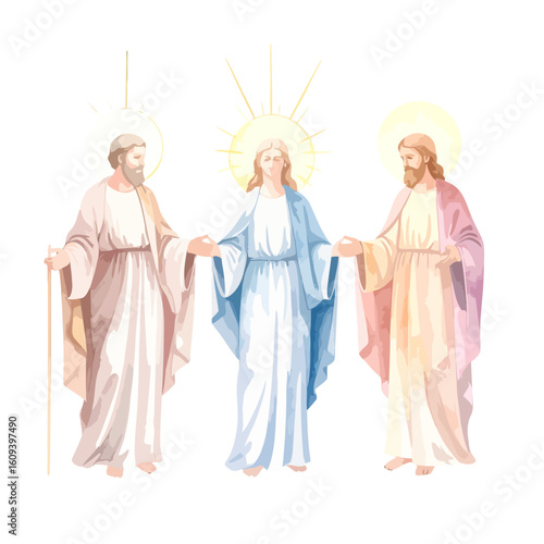 Jesus Christ with Moses and Elijah in a watercolor style, featuring radiant halos and flowing robes.