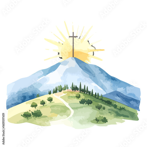 Majestic Mountain Summit with a Cross and Radiant Sun
