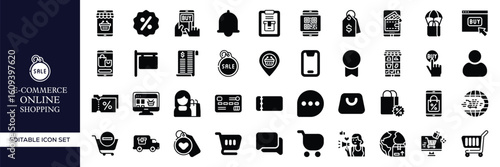 E-commerce and Online Shopping Icon Set – Digital Store, Cart, Payment, Delivery, Mobile Commerce, Product, Sale, Transaction, Checkout, and Retail Business Vector Illustrations