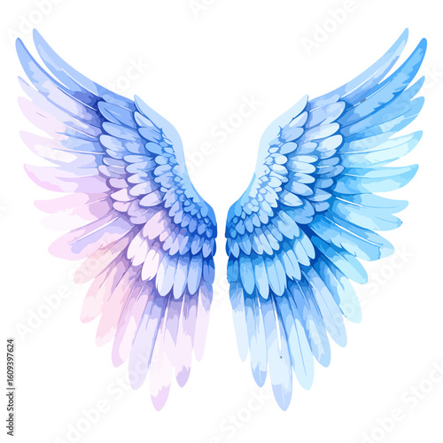 Symmetrical pair of ethereal angel wings with a soft blue and pink watercolor gradient.