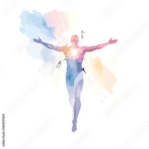 Spiritual human figure with outstretched arms, ascending with a glowing heart and colorful watercolor splashes.