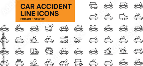 Car accident line icons with editable stroke car crash vehicle damage
