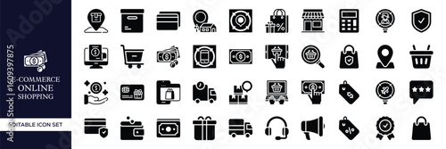 E-commerce and Online Shopping Icon Set – Digital Store, Cart, Payment, Delivery, Mobile Commerce, Product, Sale, Transaction, Checkout, and Retail Business Vector Illustrations