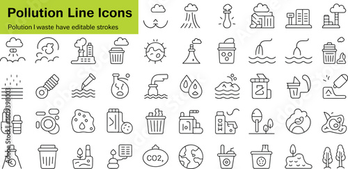 Collection of line icons representing pollution and environmental issues line art