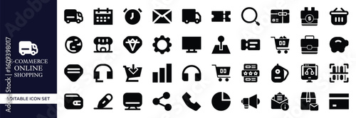 E-commerce and Online Shopping Icon Set – Digital Store, Cart, Payment, Delivery, Mobile Commerce, Product, Sale, Transaction, Checkout, and Retail Business Vector Illustrations