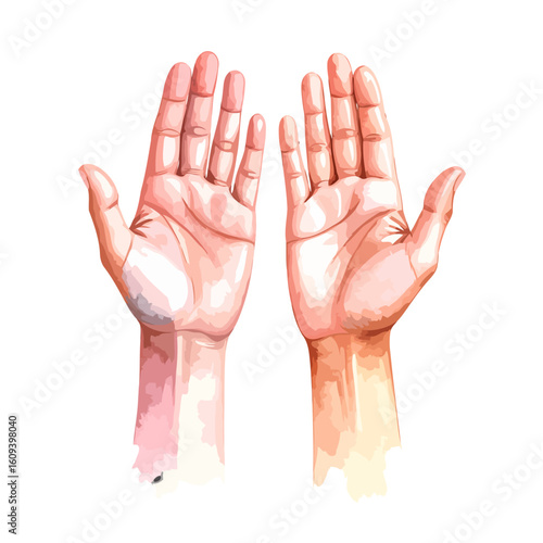 Artistic watercolor illustration of two open human hands raised in a gesture of prayer or supplication.