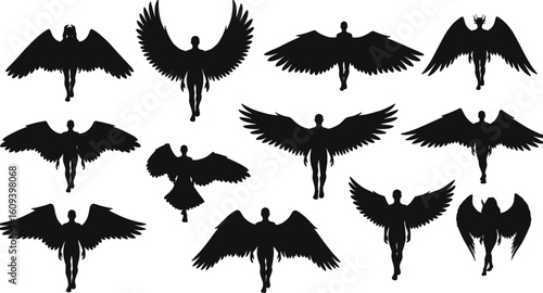 Angel silhouette vector set with wings, flying celestial beings, black angelic figure clipart, fantasy characters, gothic divine icons