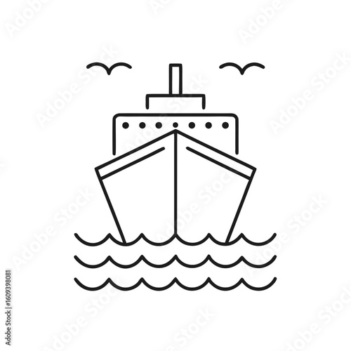Simple black line art of a ship sailing on waves with birds overhead on a white background boat