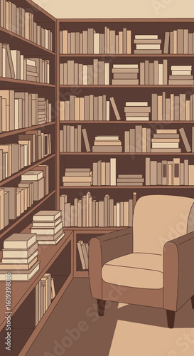 A cozy reading nook with an armchair nestled in a corner surrounded by bookshelves filled with books.