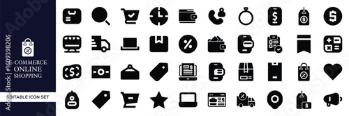 E-commerce and Online Shopping Icon Set – Digital Store, Cart, Payment, Delivery, Mobile Commerce, Product, Sale, Transaction, Checkout, and Retail Business Vector Illustrations