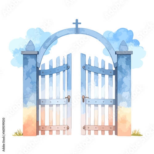 Watercolor Illustration of Open Blue Gate with Cross and Clouds