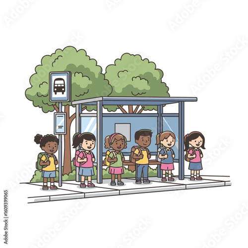Diverse group of children waiting patiently at a bus stop, under a shelter, near green trees.