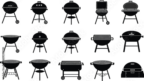 BBQ grill icons set, barbecue charcoal grills vector, outdoor cooking silhouettes, portable and stationary grill clipart collection