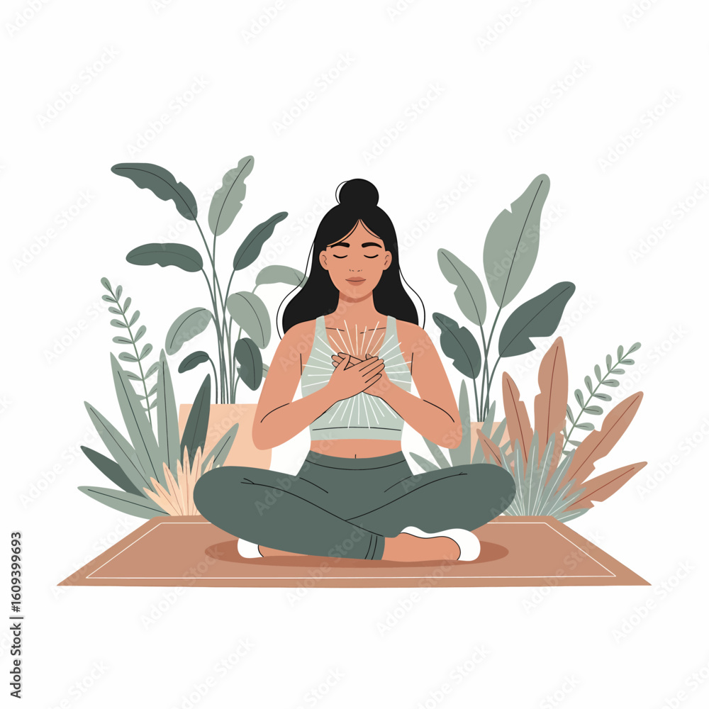 Mindful Woman Meditating Among Green Plants Mindful Woman Meditating Among Green Plants