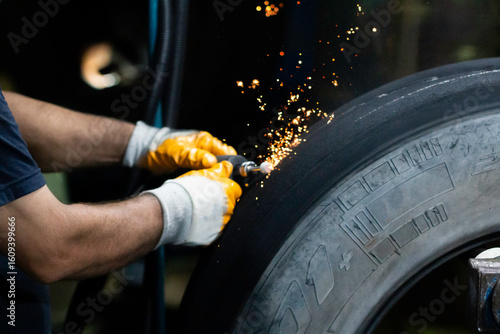 Tire retreading master cleans the wounds of the truck tire coming out of the rasping machine with a grinder.