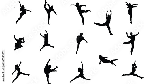 Vector illustration of airborne dance silhouettes, elegant jumps, graceful poses, expressive motion, black forms, minimalist dance artwork design