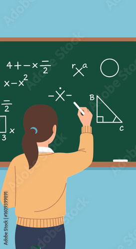 A female teacher writing mathematical equations and geometric shapes on a green chalkboard in a classroom.