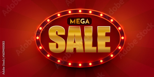 Mega sale. Retro light sign. Signboard with lamps border. Vintage style discount promotion banner. Vector illustration.