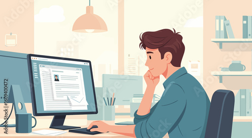 Man Reviewing Resume on Computer in Modern Office