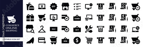 E-commerce and Online Shopping Icon Set – Mobile Commerce, Digital Store, Shopping Cart, Payment Gateway, Product Search, Order Tracking, Checkout, Delivery, Sale, and Retail Business Vector Icons