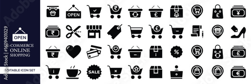 E-commerce and Online Shopping Icon Set – Mobile Commerce, Digital Store, Shopping Cart, Payment Gateway, Product Search, Order Tracking, Checkout, Delivery, Sale, and Retail Business Vector Icons