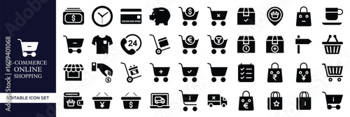 E-commerce and Online Shopping Icon Set – Mobile Commerce, Digital Store, Shopping Cart, Payment Gateway, Product Search, Order Tracking, Checkout, Delivery, Sale, and Retail Business Vector Icons