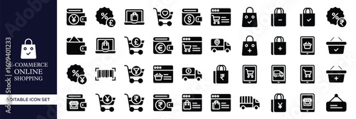 E-commerce and Online Shopping Icon Set – Mobile Commerce, Digital Store, Shopping Cart, Payment Gateway, Product Search, Order Tracking, Checkout, Delivery, Sale, and Retail Business Vector Icons