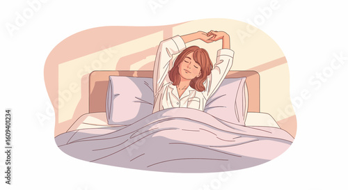 Peaceful Morning Stretch: Woman Waking Up in Bed Illustration