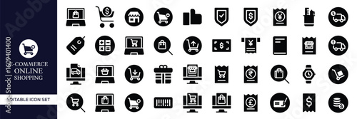 E-commerce and Online Shopping Icon Set – Mobile Commerce, Digital Store, Shopping Cart, Payment Gateway, Product Search, Order Tracking, Checkout, Delivery, Sale, and Retail Business Vector Icons