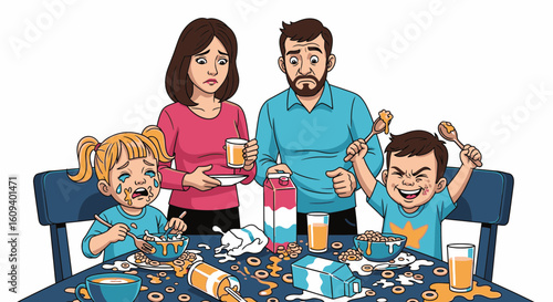 Stressed parents watch their two young children make a huge mess during a chaotic family breakfast.