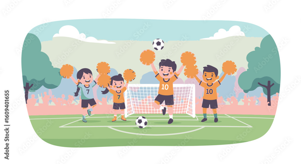 Fototapeta premium Joyful children in jerseys playing soccer and cheering with pom-poms on an outdoor field.