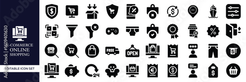 E-commerce and Online Shopping Icon Set – Mobile Commerce, Digital Store, Shopping Cart, Payment Gateway, Product Search, Order Tracking, Checkout, Delivery, Sale, and Retail Business Vector Icons