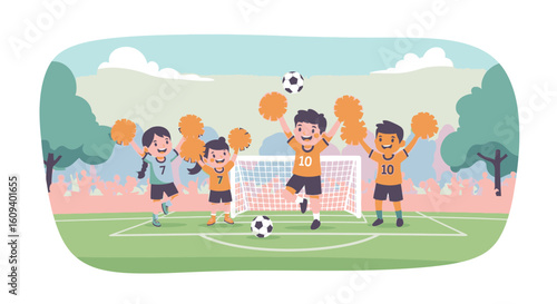 Joyful children in jerseys playing soccer and cheering with pom-poms on an outdoor field.