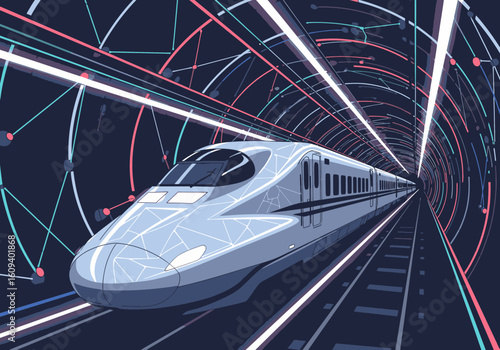 Sleek high-speed bullet train traveling through a futuristic tunnel of glowing data and light.