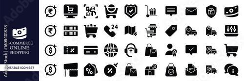 E-commerce and Online Shopping Icon Set – Mobile Commerce, Digital Store, Shopping Cart, Payment Gateway, Product Search, Order Tracking, Checkout, Delivery, Sale, and Retail Business Vector Icons