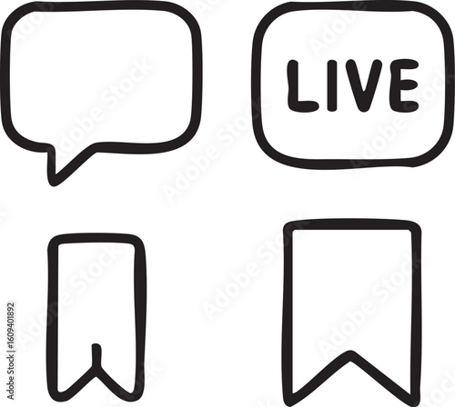 Handdrawn Live Stream Icons Speech Bubble Live Badge Bookmarks.