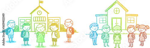 Children standing outside school buildings in pastel color illustration  