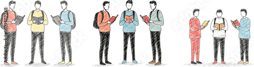 Group of students discussing assignments with books and tablets  